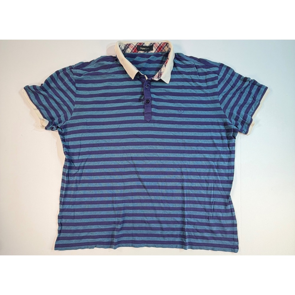 Zegna Sport Mens XXXL Blue Striped Short Sleeve Cotton Polo Shirt Plaid Trim